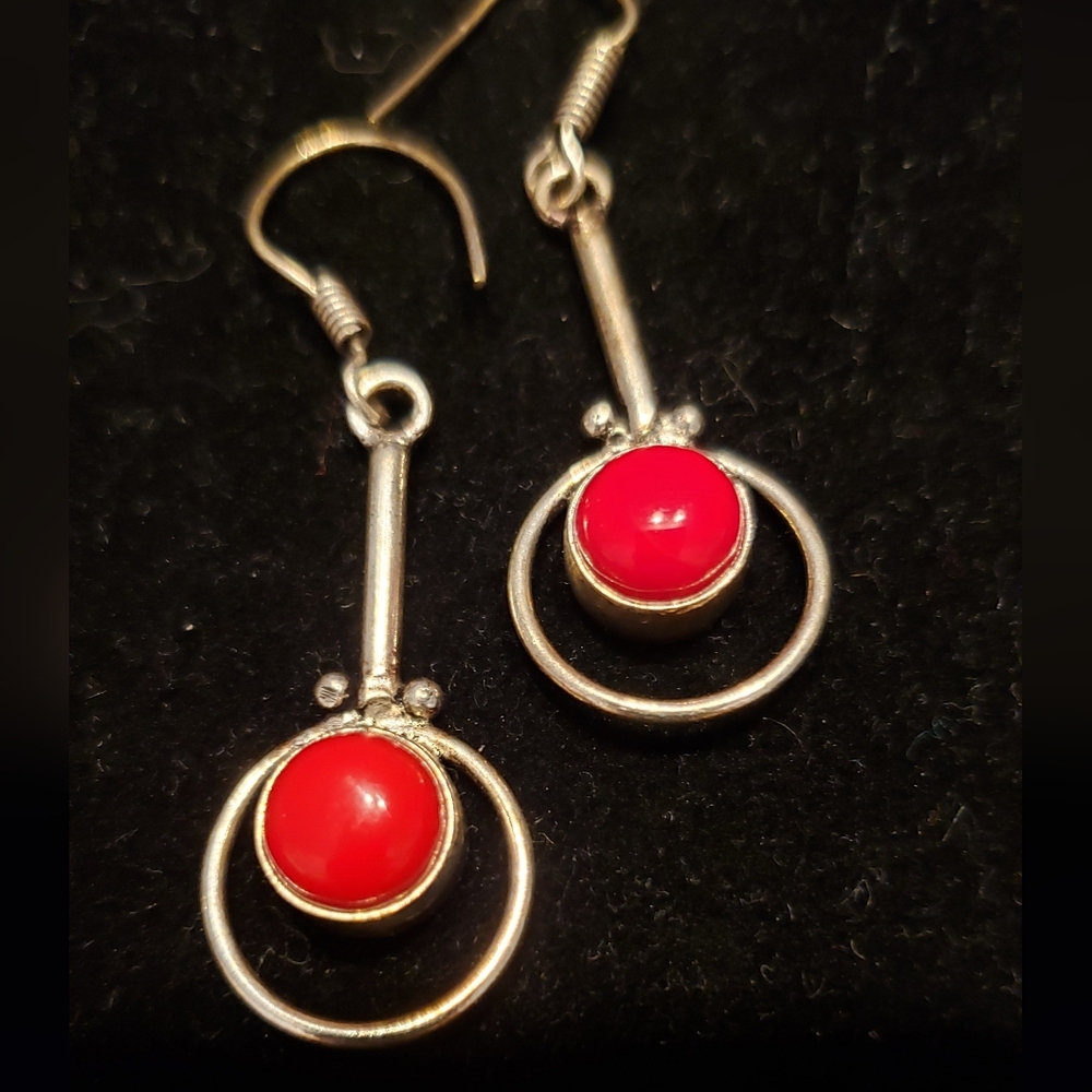 Red Coral Earrings-New-Silver Plated, The Perfect Red, Mod Style, Handmade, LOVE
